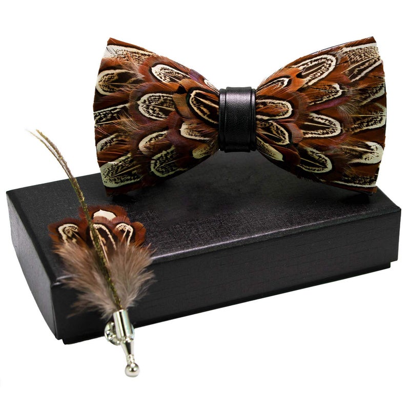RBOCOTT Leather Feather Handmade Pre-tied Bow tie and Brooch Sets for Men(7) - Image 2